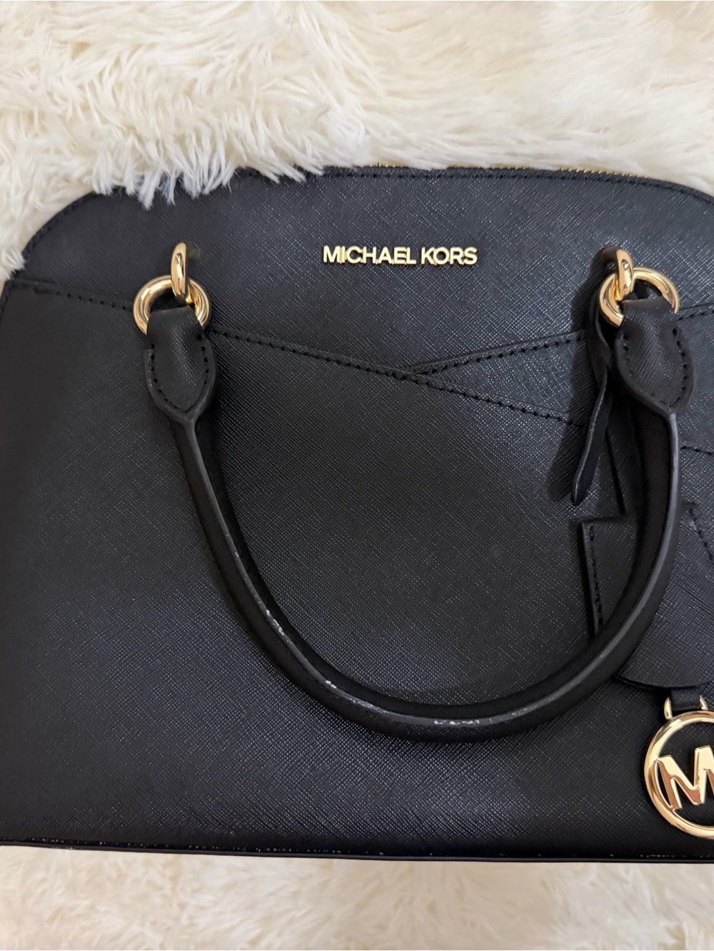 Michael Kors Black Saffiano Dome Satchel with Gold Hardware